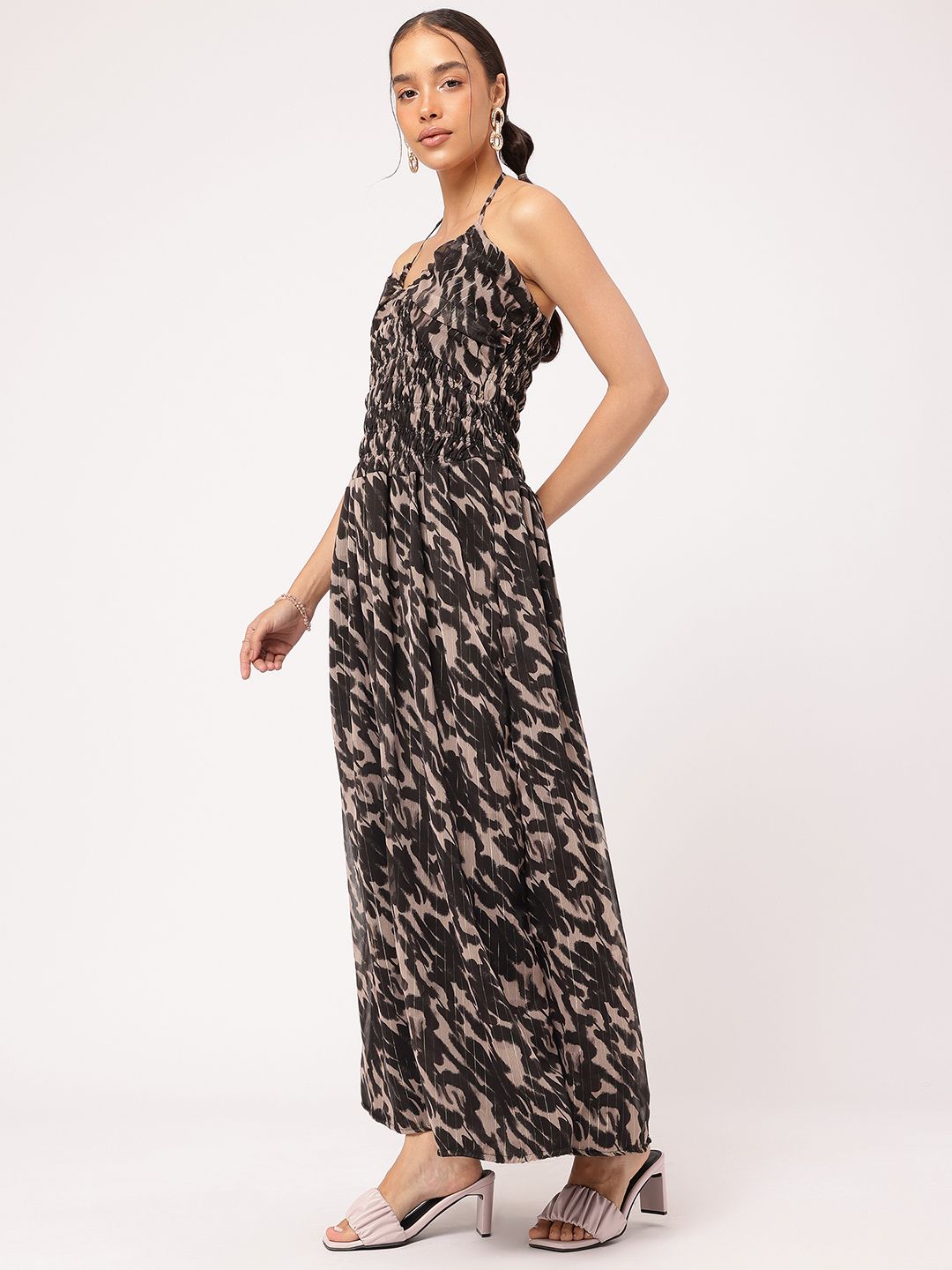 DressBerry Retro Vibes Animal Print Halter Neck Smocked Maxi Dress