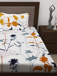 Story@home White & Mustard Floral 186 TC Pure Cotton King Bedsheet With 2 Pillow Covers