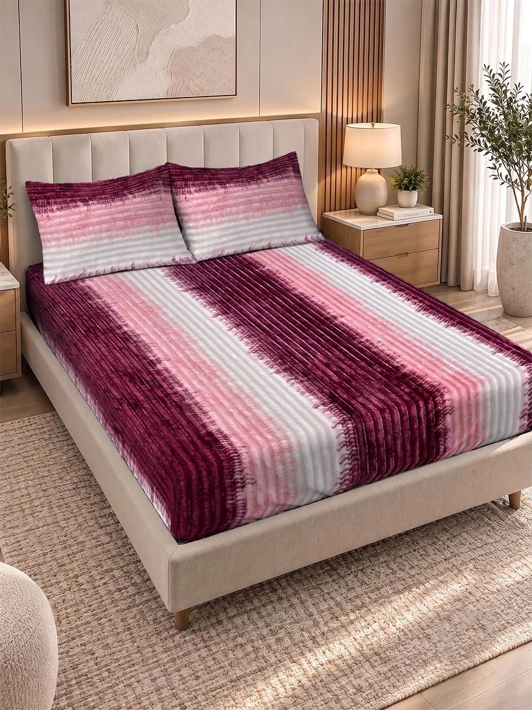 KLOTTHE Maroon & Pink Striped 300 TC King Bedsheet with 2 Pillow Covers