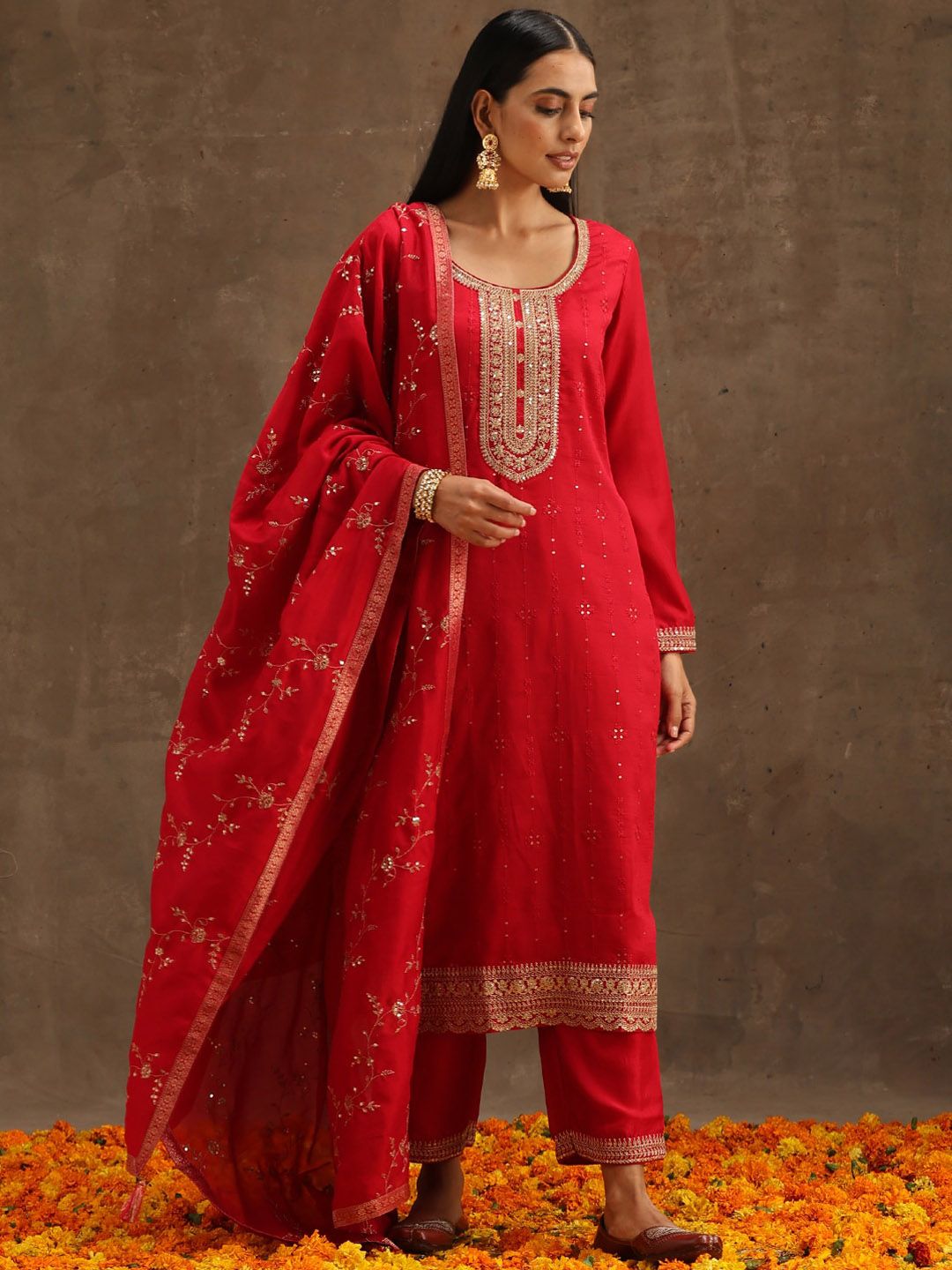 Libas Red & Gold-Toned Ethnic Motifs Embroidered Sequined Kurta with Trousers & Dupatta
