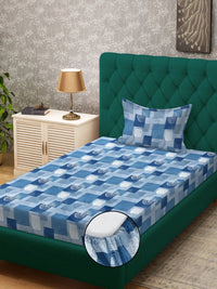 Homes Blue & Navy Blue Geometric 400 TC Single Bedsheet with 1 Pillow Covers