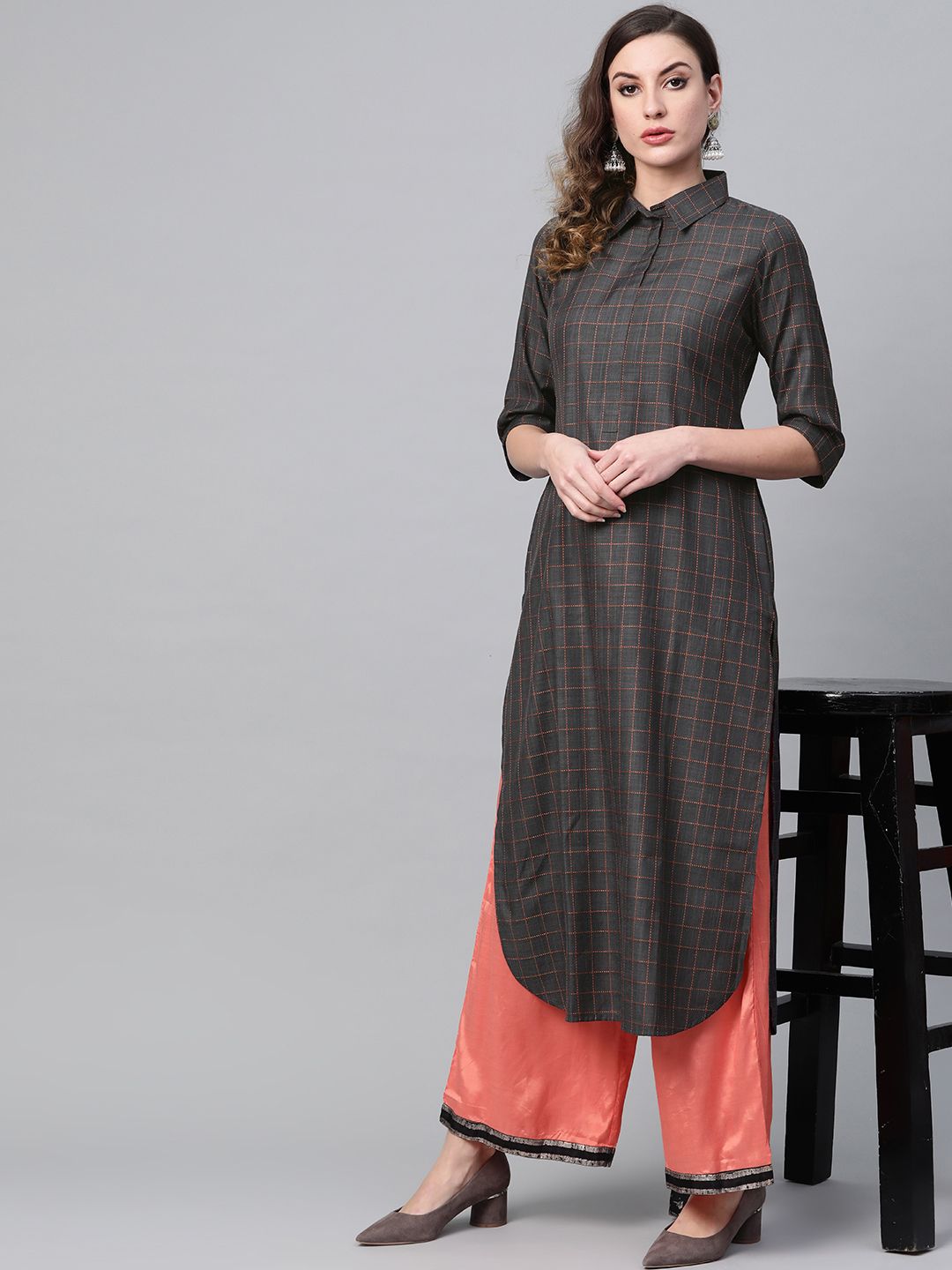 Gerua By Libas Women Charcoal Grey  Orange Checked Pathani Kurta