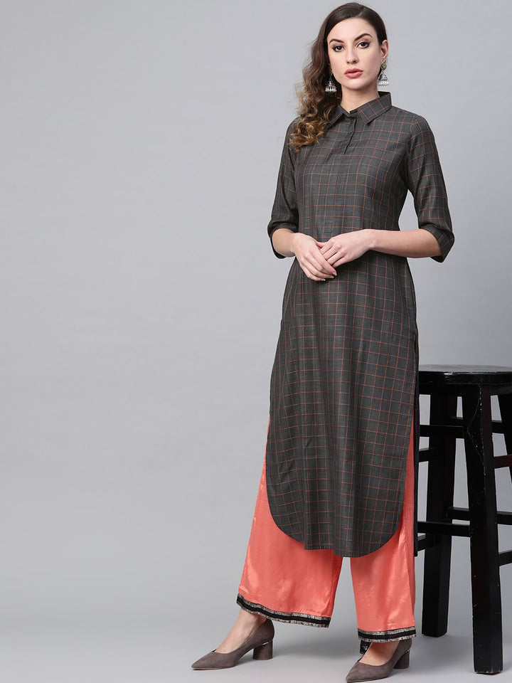 Gerua By Libas Women Charcoal Grey  Orange Checked Pathani Kurta