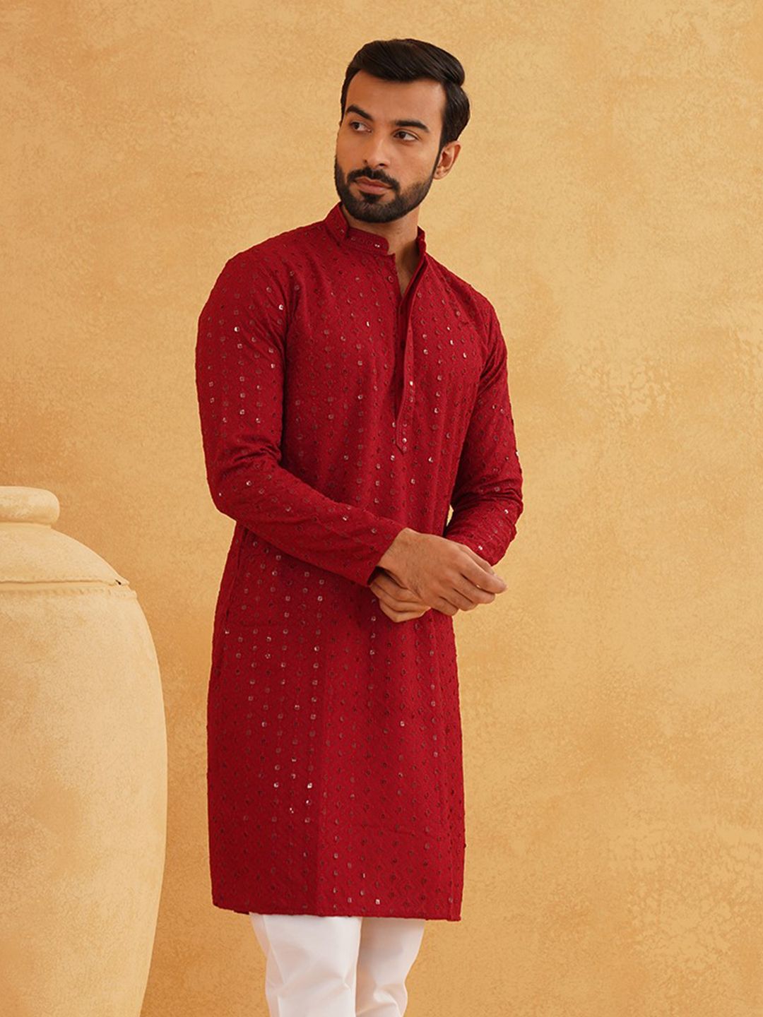SOJANYA Ethnic Embroidered Sequined Pure Cotton Straight Kurta