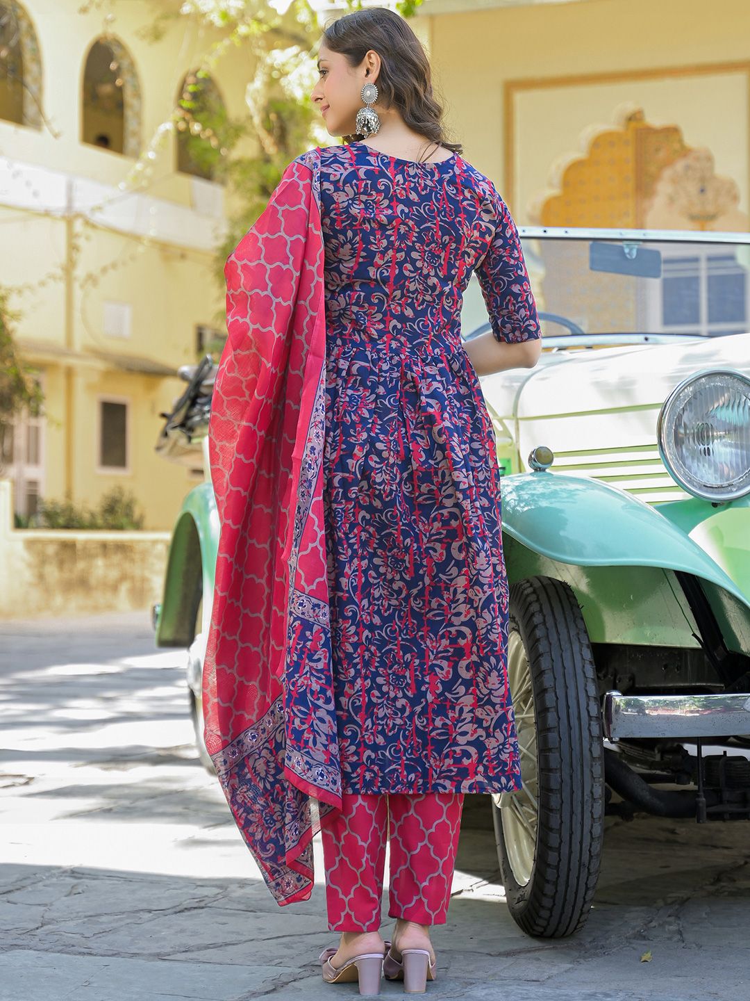 KALINI Floral Printed V-Neck Anarkali Kurta With Trousers And Dupatta