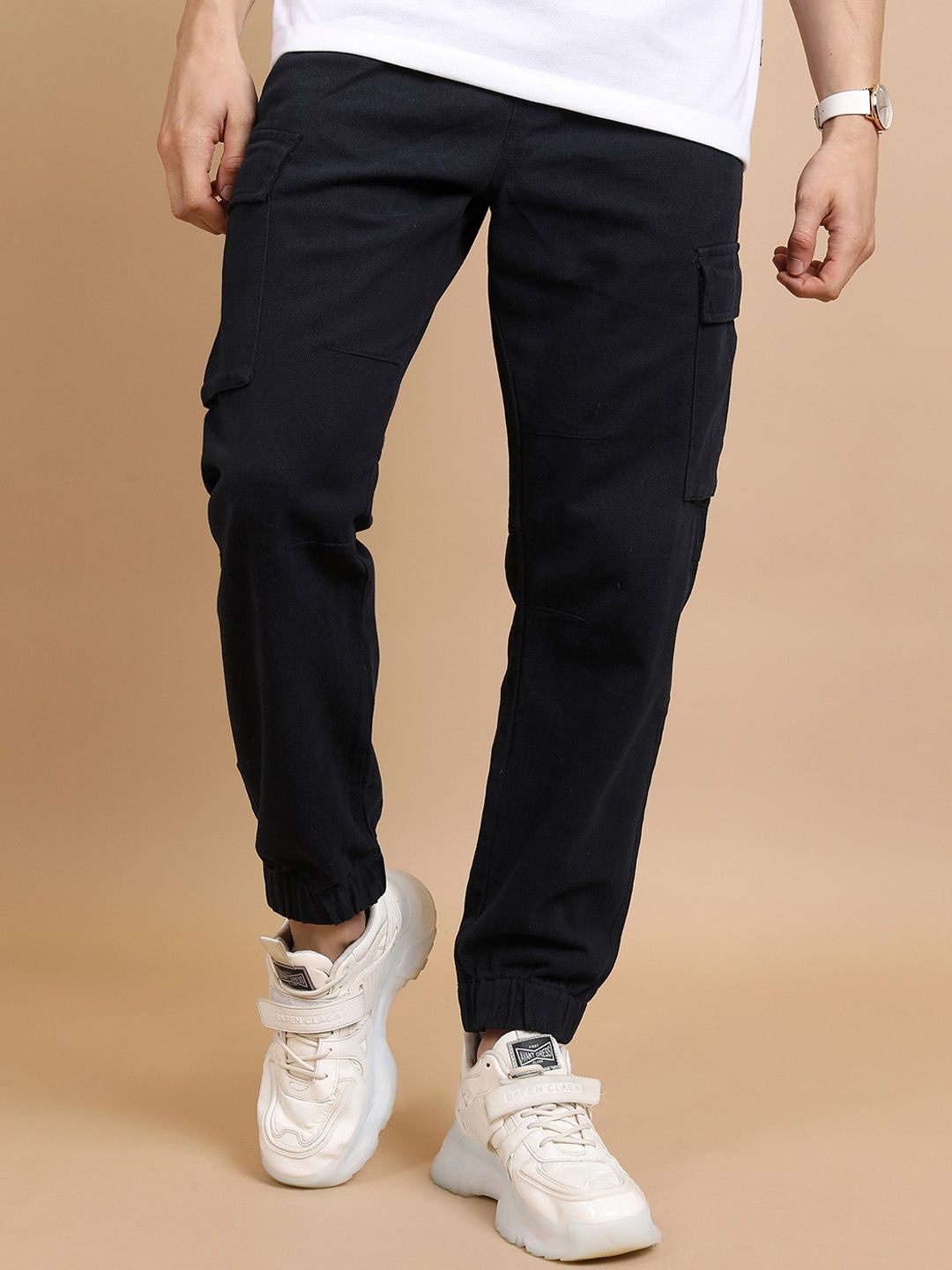 HIGHLANDER Men Navy Blue Mid-Rise Cotton Cargo Joggers