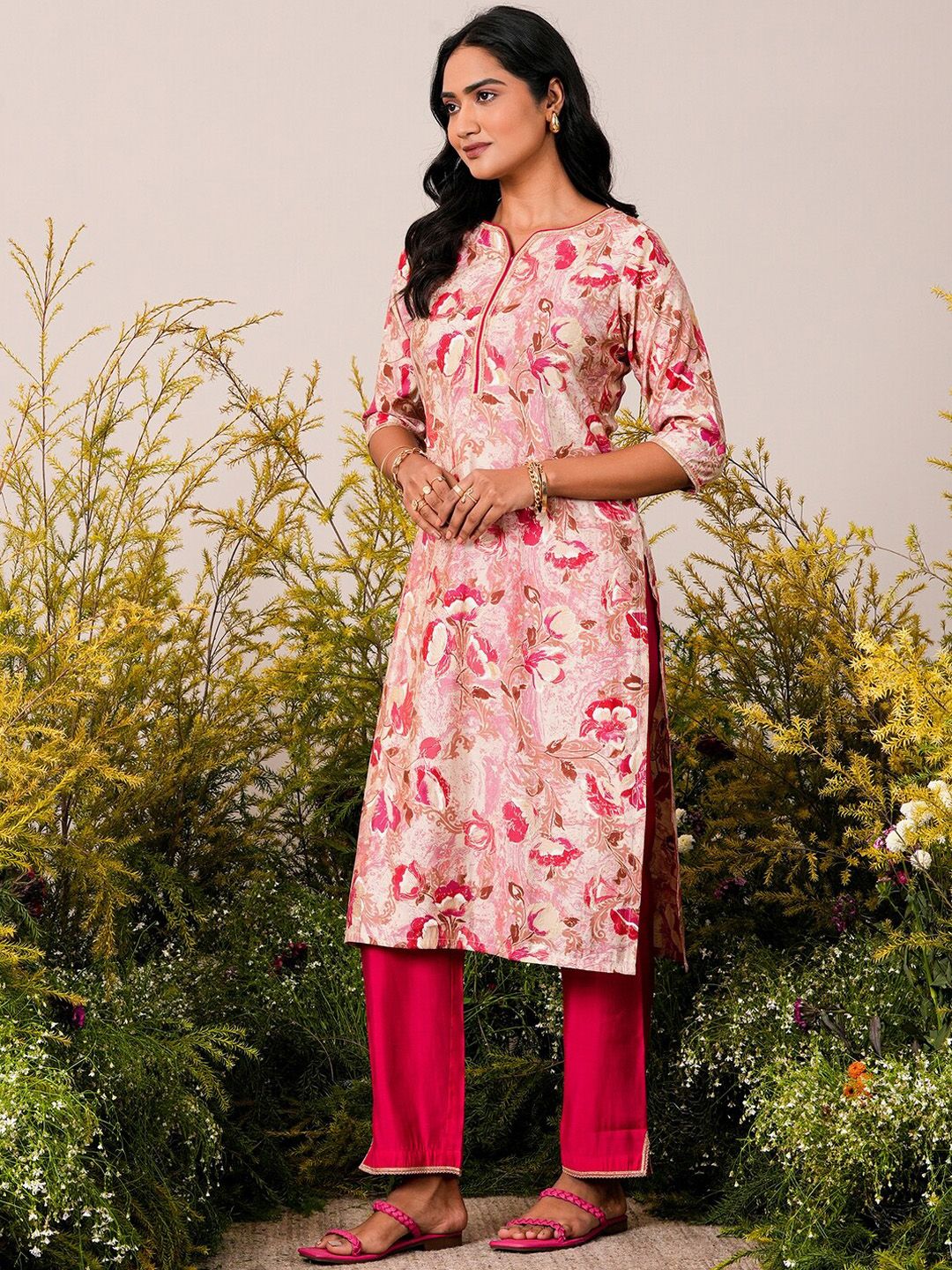Libas Pink Floral Printed Straight Three-Quarter Sleeves Gotta Patti Kurta With Palazzo
