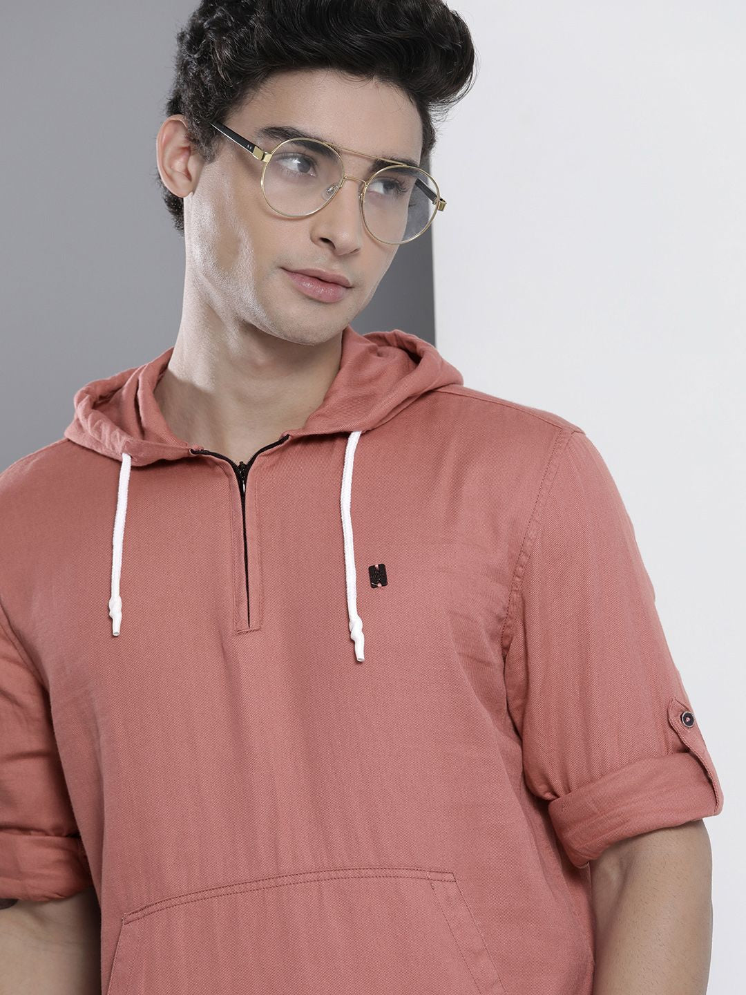 The Indian Garage Co Men Pink Solid Pure Cotton Hooded Sweatshirt-Style Shirt