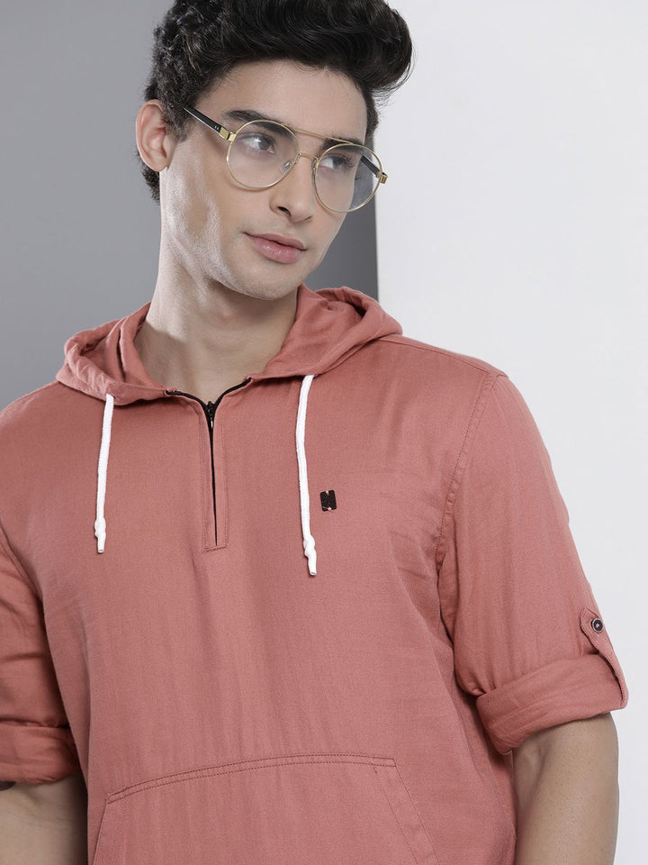 The Indian Garage Co Men Pink Solid Pure Cotton Hooded Sweatshirt-Style Shirt