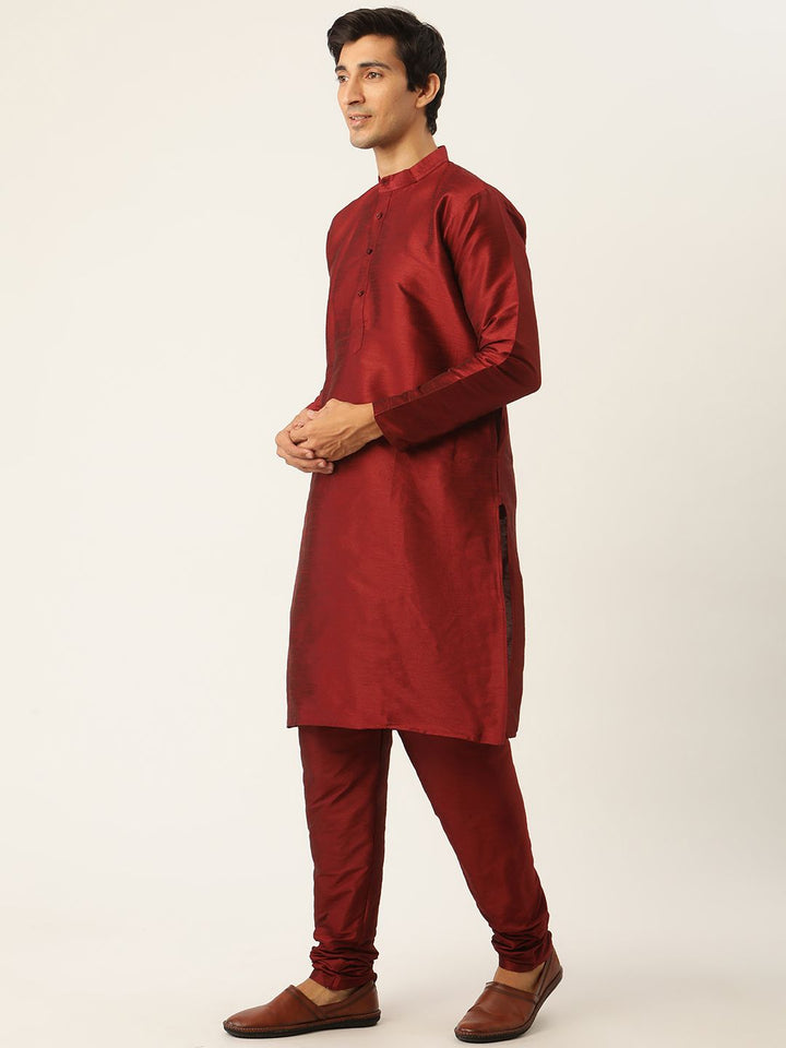 SOJANYA Men Maroon & Olive Green Solid Kurta with Churidar & Nehru Jacket