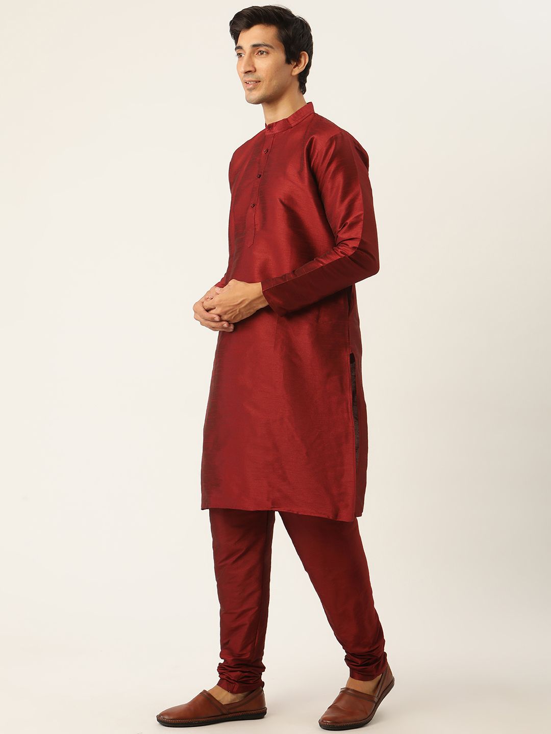 SOJANYA Men Maroon & Olive Green Solid Kurta with Churidar & Nehru Jacket