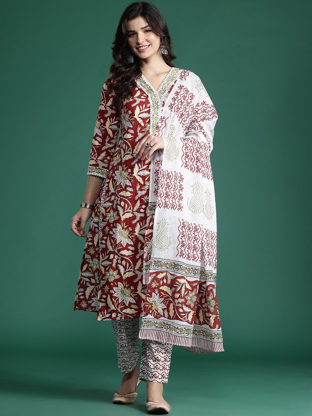 Indo Era Floral Printed Pure Cotton Kurta With Trousers & Dupatta