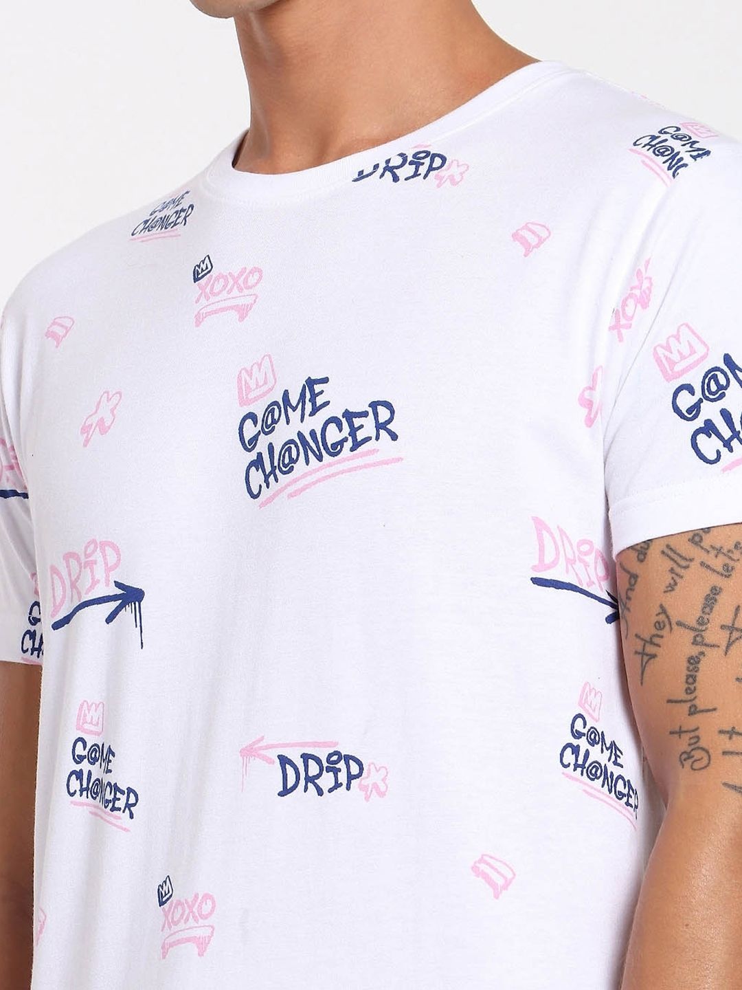 Bewakoof Men White & Navy Blue Printed T-shirt