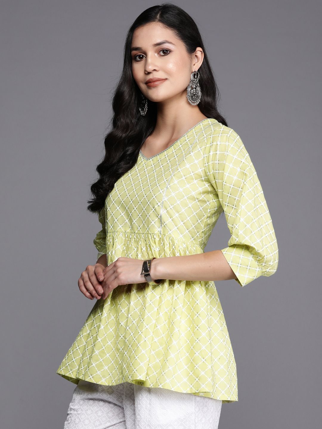 Libas Geometric Printed V-Neck Gotta Patti Pure Cotton Empire Kurti