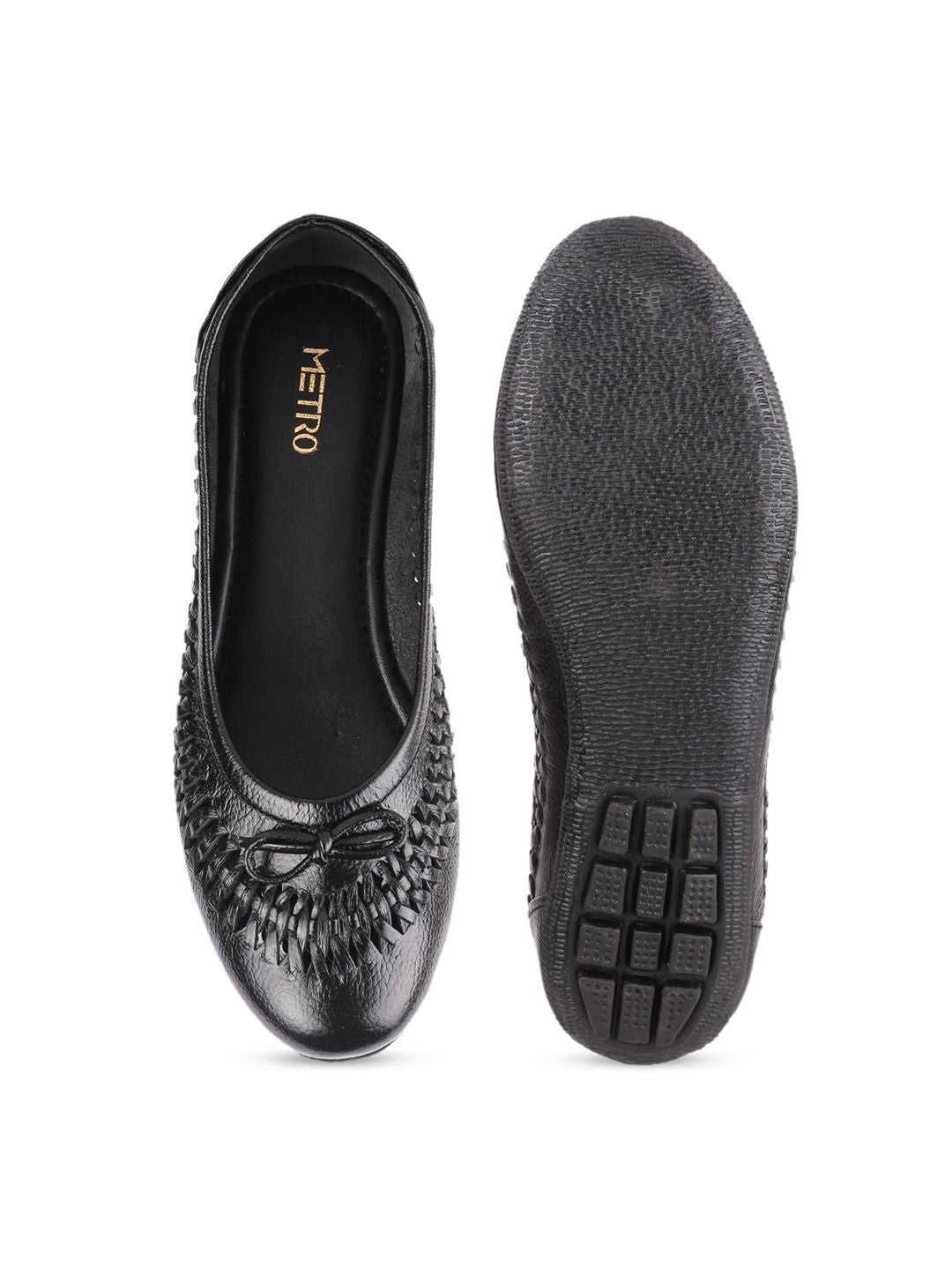 Metro Women Black Solid Leather Ballerinas