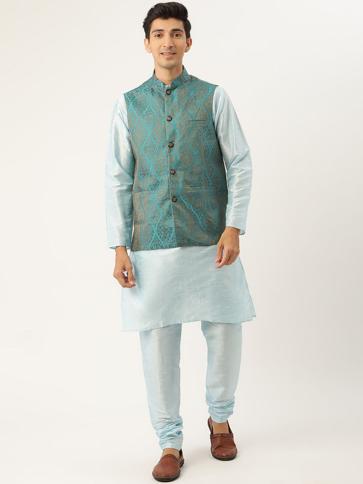 SOJANYA Men Blue Solid Kurta Set With Ethnic Motifs Nehru Jacket