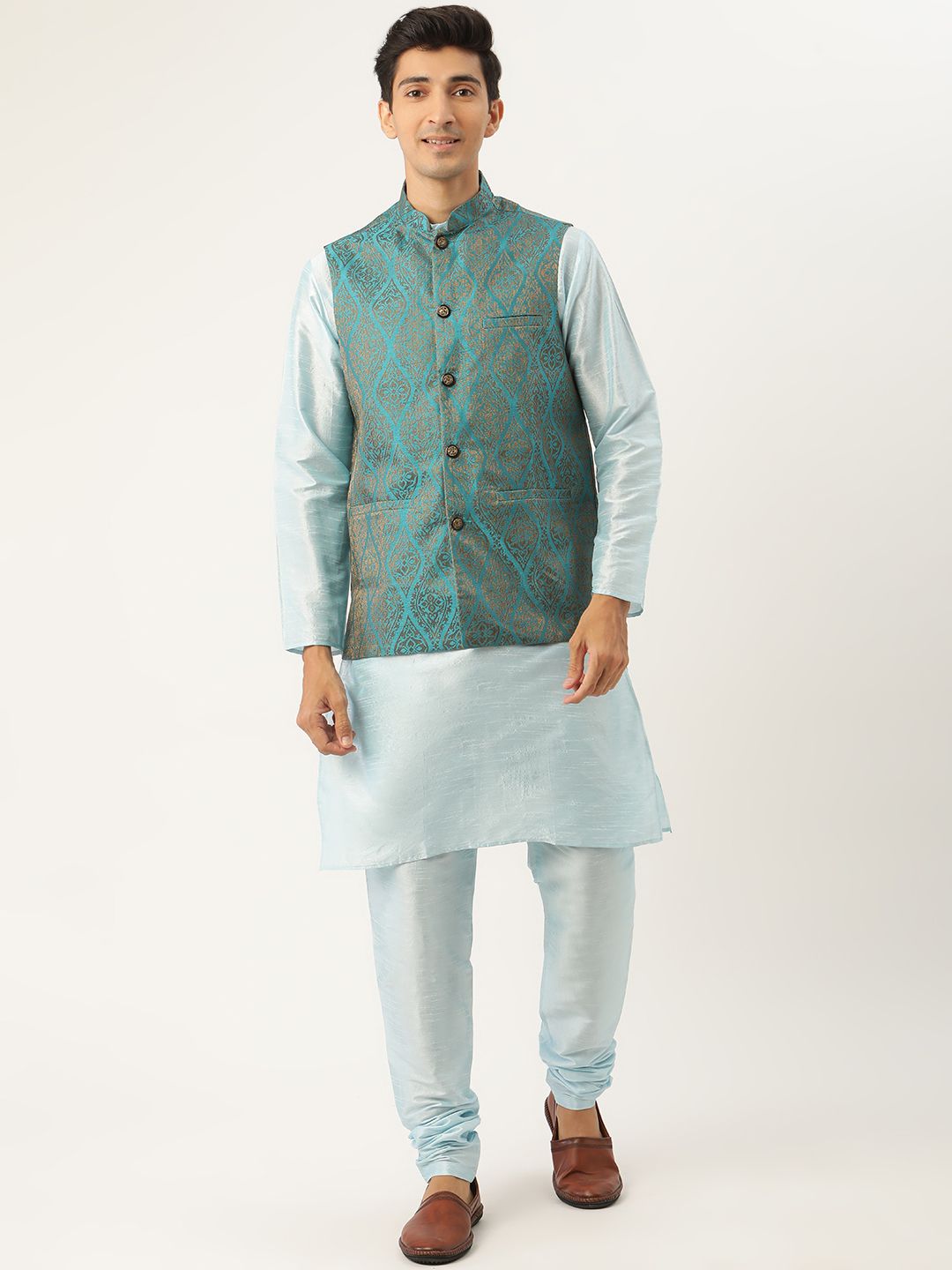 SOJANYA Men Blue Solid Kurta Set With Ethnic Motifs Nehru Jacket