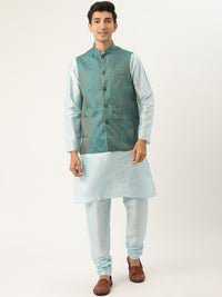 SOJANYA Men Blue Solid Kurta Set With Ethnic Motifs Nehru Jacket