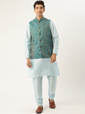 SOJANYA Men Blue Solid Kurta Set With Ethnic Motifs Nehru Jacket