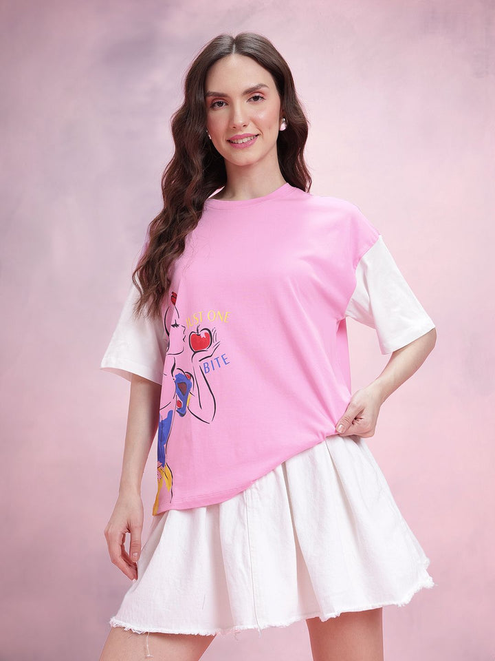 DressBerry Snow White Print Drop-Sleeves Pure Cotton Oversized T-shirt