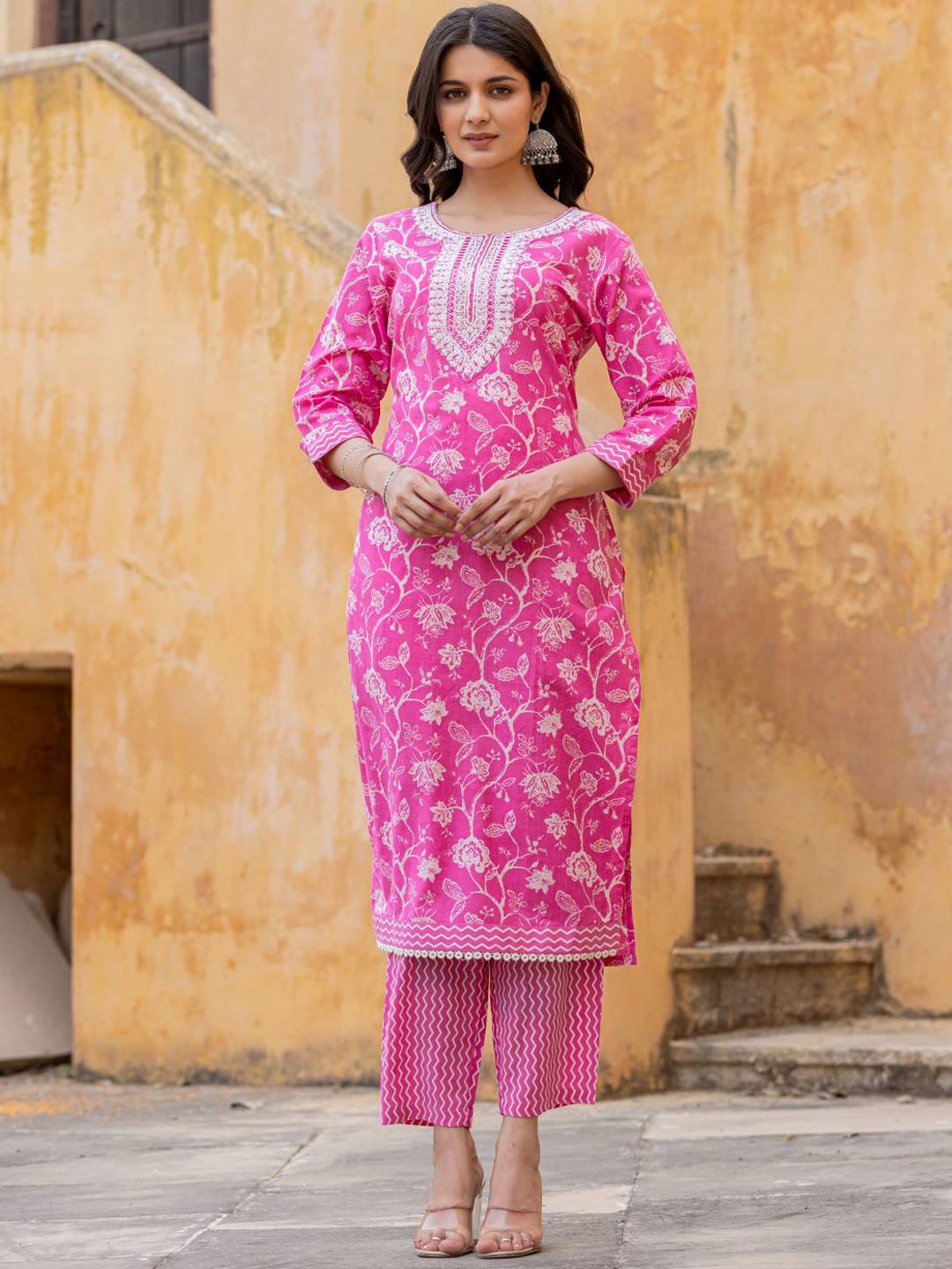 Varanga Floral Printed Regular Thread Work Kurta with Trouser & Dupatta