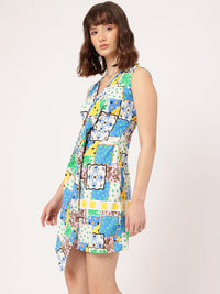 DressBerry Cute & Confident Printed Sleeveless Layered & Pleated Wrap Mini Dress