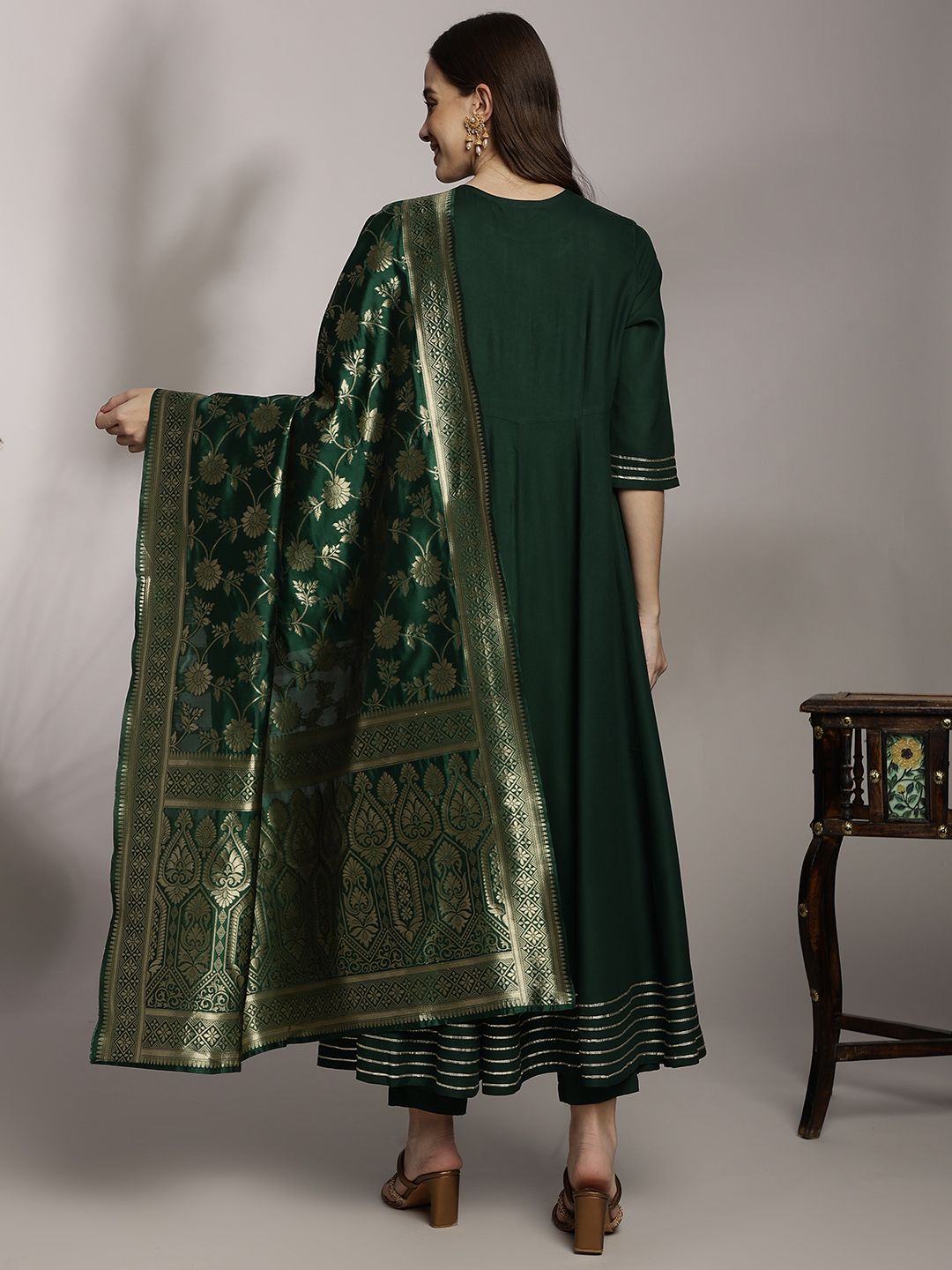 Anouk Women Floral Embroidered Pleated Kurta with Trousers & Dupatta