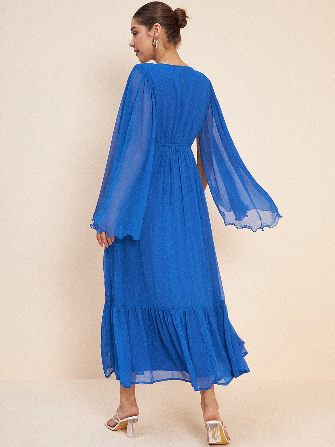 Antheaa Blue V-Neck Slit Sleeves Embellished Detail Maxi Dress