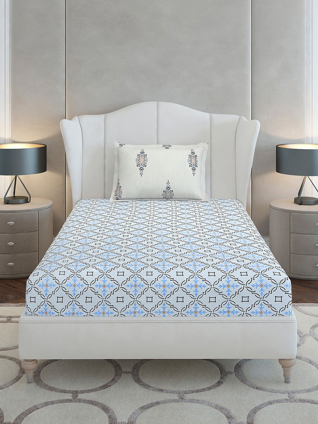 Monte Carlo Grey & White Printed Cotton 144 TC Single Bedsheet Set 2.29 m x 1.52 m