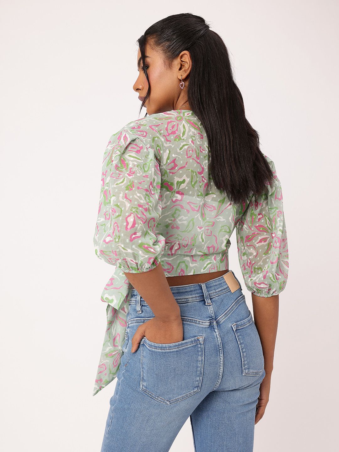 DressBerry Trendy Blossom Print Semi Sheer Crop Wrap Top With Inner Slip