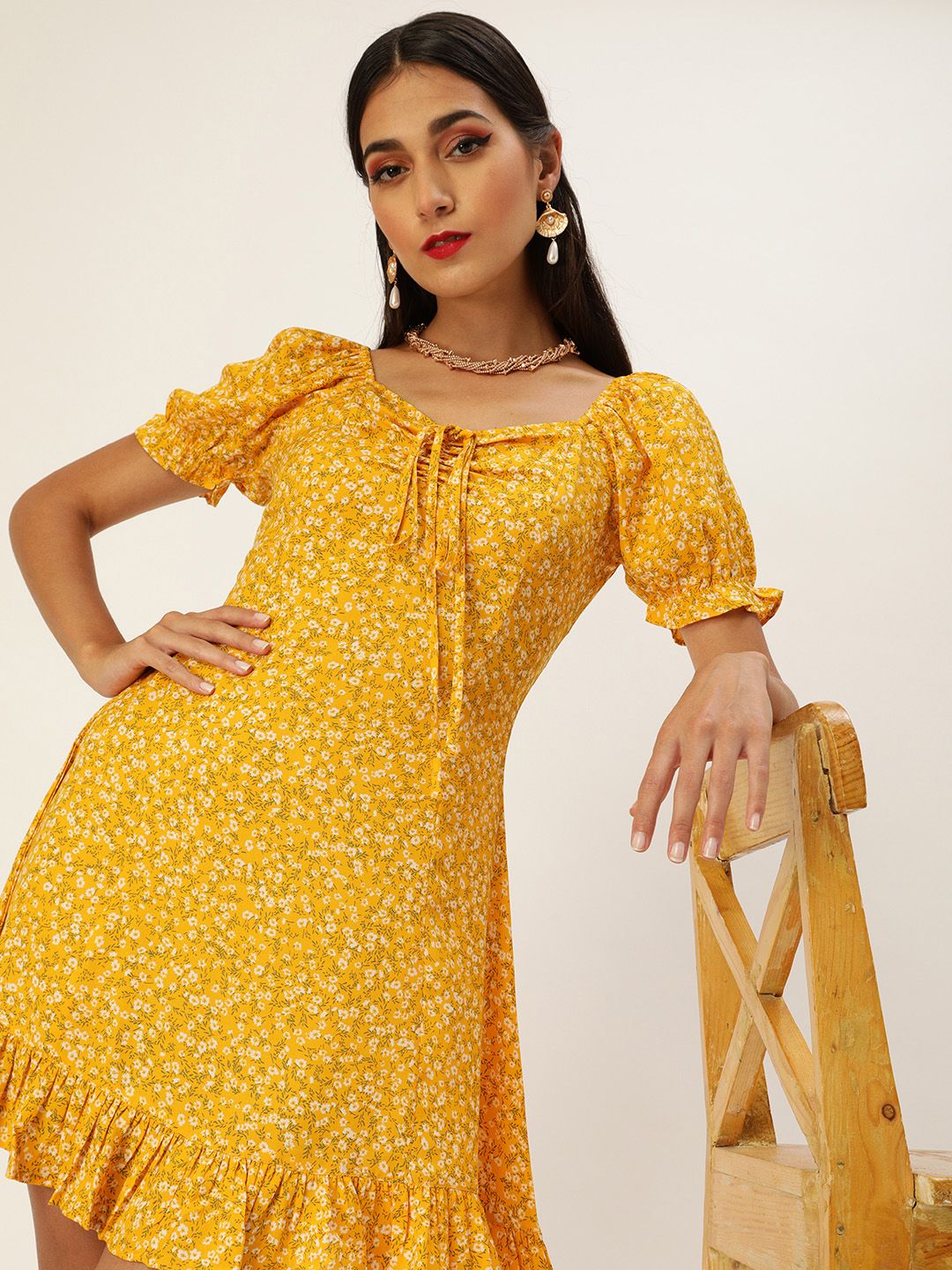 Berrylush Women Yellow & White Floral Printed Ruffled A-Line Dress with Tie-Up Detail