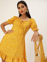 Berrylush Women Yellow & White Floral Printed Ruffled A-Line Dress with Tie-Up Detail