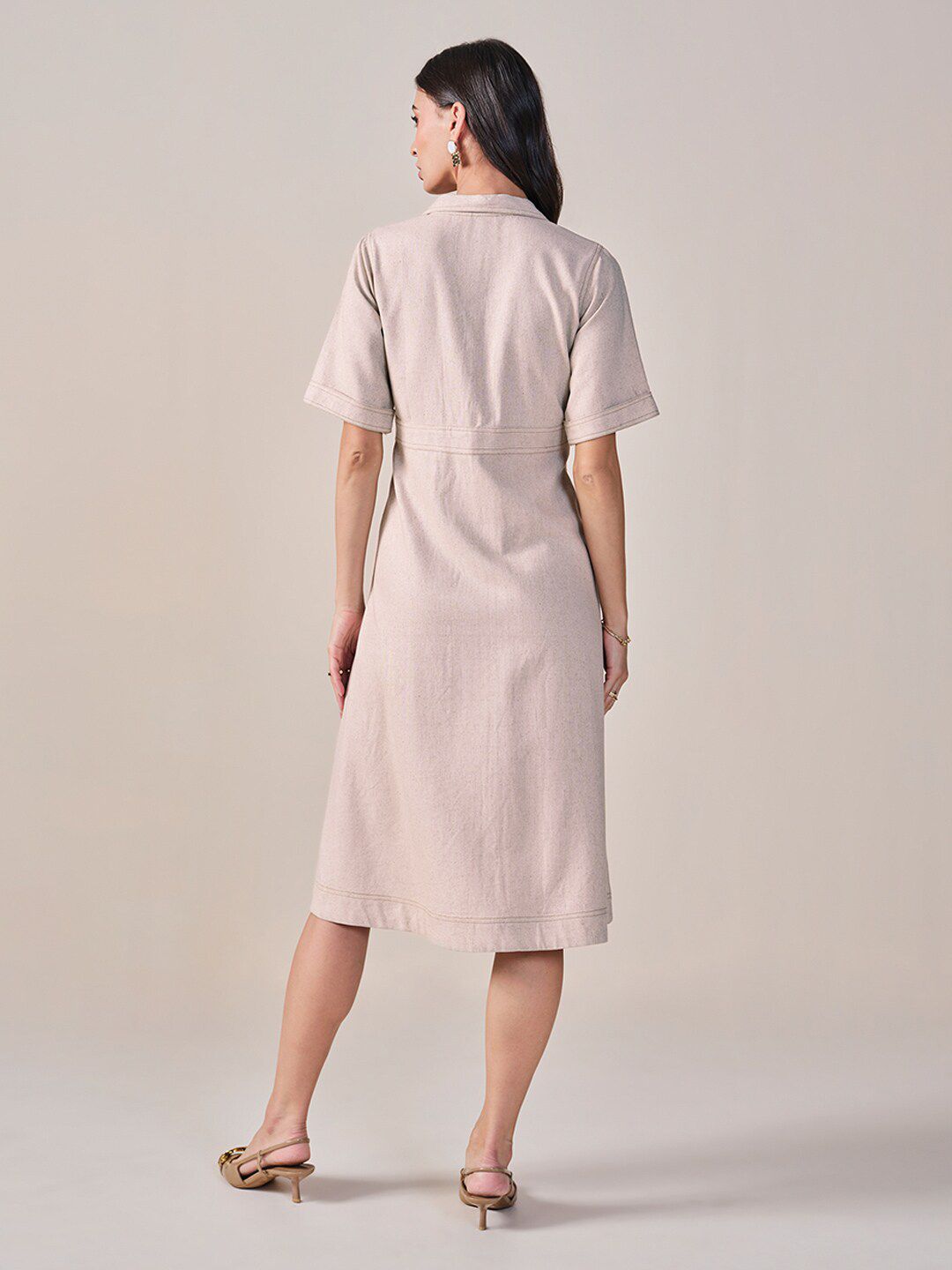 AND Lapel Collar Short Sleeves Shirt Midi Dress