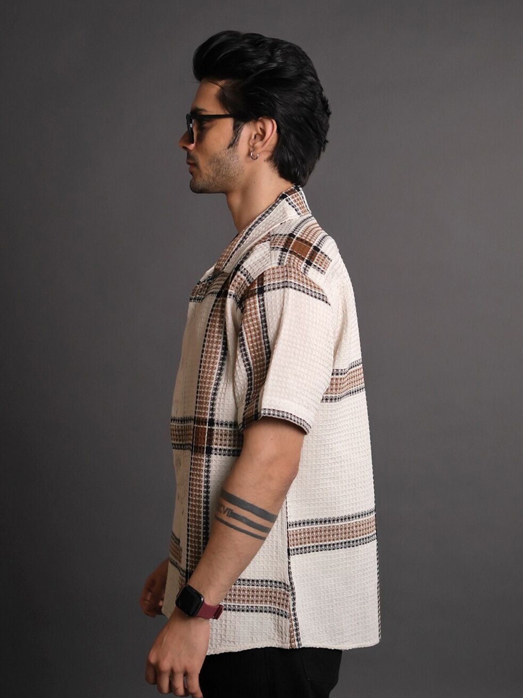 Powerlook Off White India Slim Tartan Checked Cuban Collar Short Sleeves Shacket