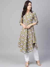 SOJANYA Kurta Bercetak A-Line Wanita Kelabu & Kuning