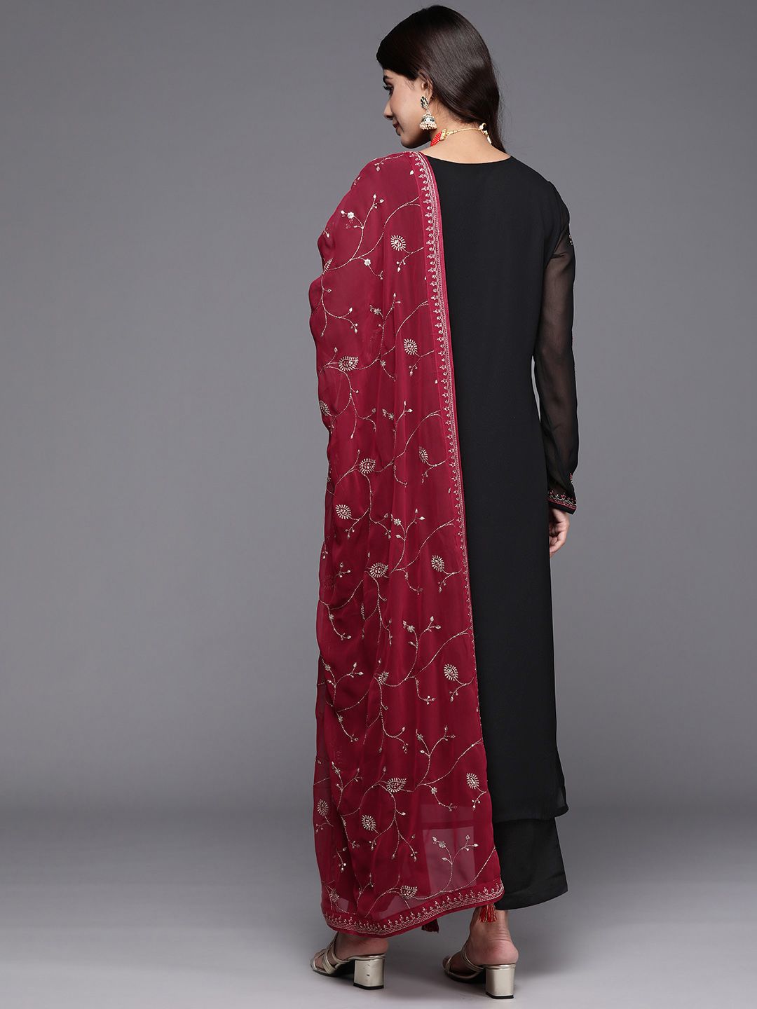 Libas Floral Embroidered Regular Thread Work Georgette Kurta with Trousers & Dupatta