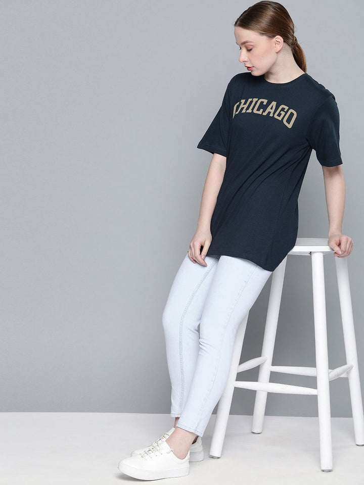 DILLINGER Women Navy Blue Printed Round Neck Longline Oversized Pure Cotton T-shirt