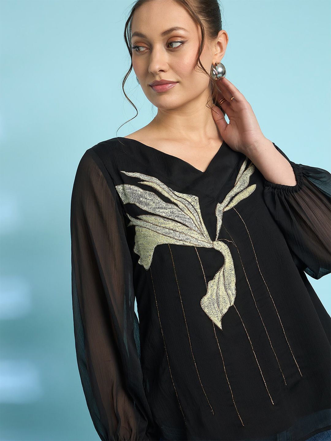 Antheaa Embroidered Chiffon Top