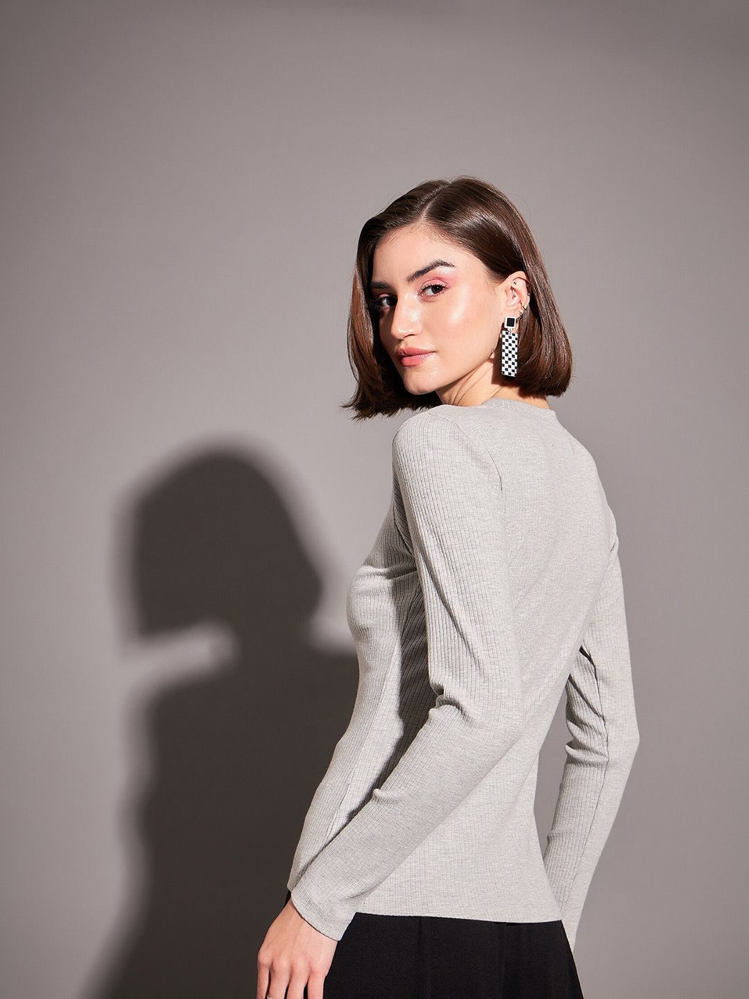 SASSAFRAS Grey Long Sleeves High Neck Fitted Top