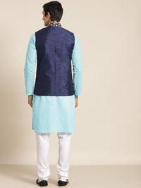 SOJANYA Kurta Kapas Tulen Chikankari Biru Lelaki dengan Jaket Churidar & Nehru