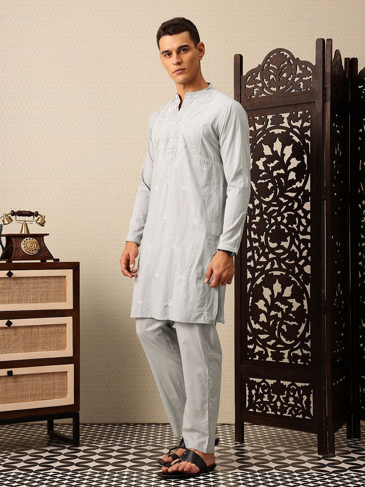 House of Pataudi Embroidered Band Collar Thread Work Pure Cotton Jashn Kurta with Trousers