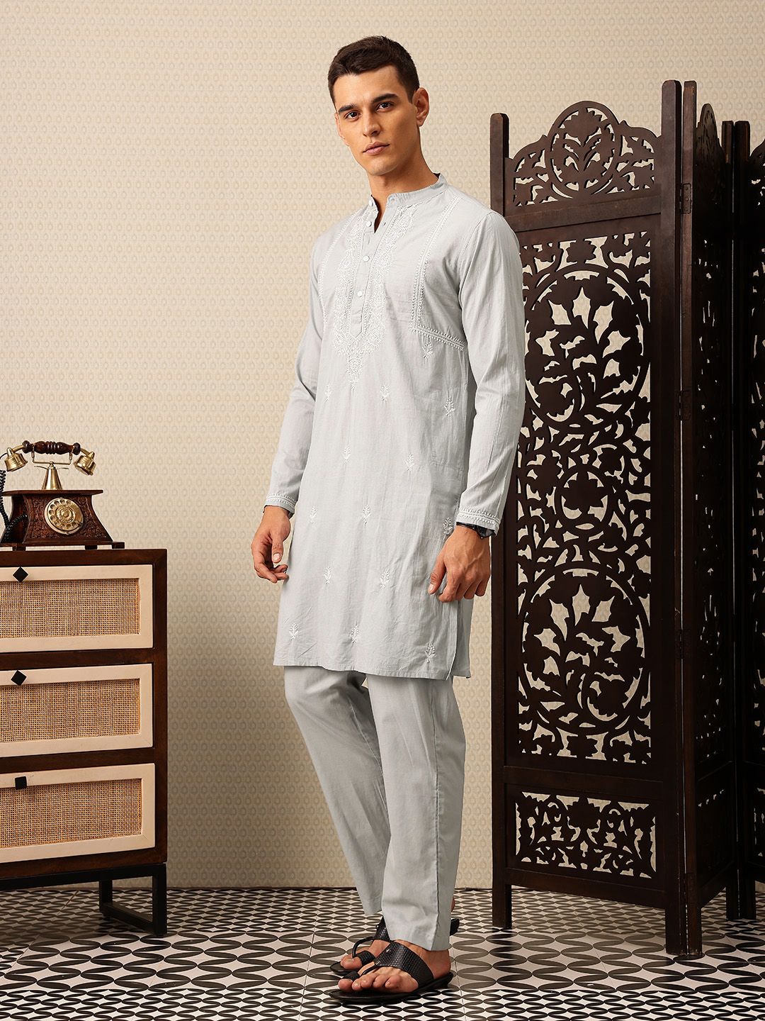 House of Pataudi Embroidered Band Collar Thread Work Pure Cotton Jashn Kurta with Trousers