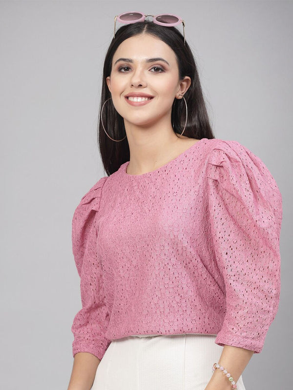 Style Quotient Schiffli Puff Sleeve Cotton Regular Top