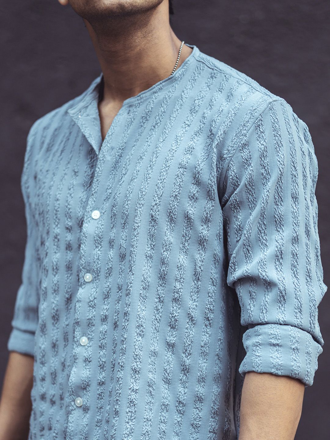 Powerlook Grey Mandarin Collar Opaque Knitted Casual Shirt