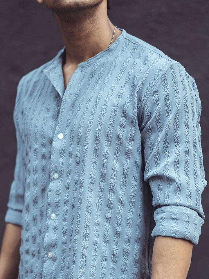 Powerlook Grey Mandarin Collar Opaque Knitted Casual Shirt