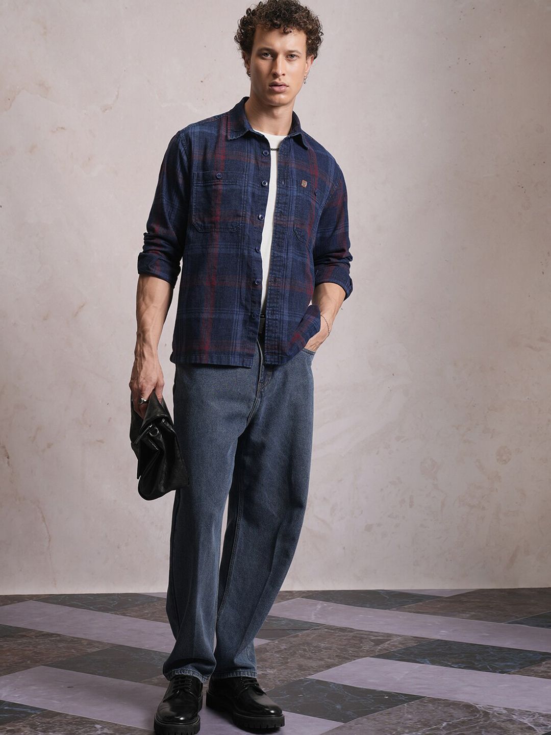 LOCOMOTIVE Premium Indigo Dobby Textured Checked Utility Pocket Overshirt