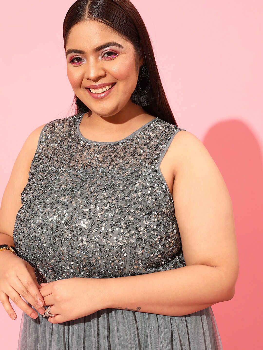CURVY STREET Grey Plus Size Embellished Net Maxi Dress