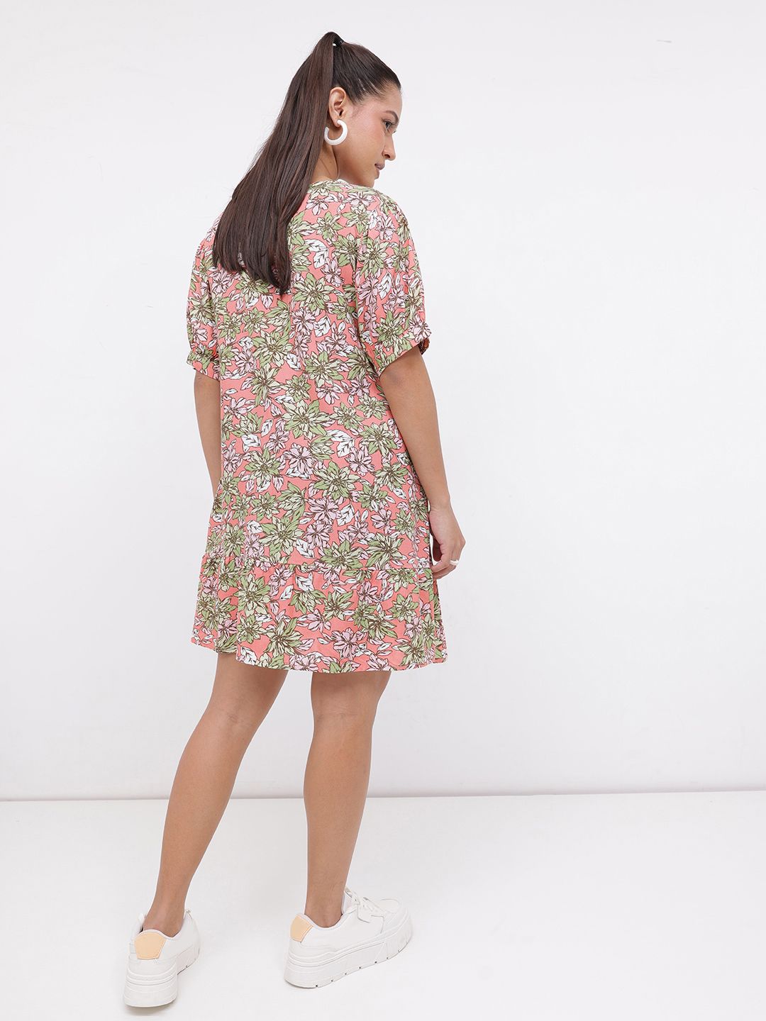 DressBerry Vibrant Blooms Floral Printed Tie-Up Neck A-line Dress