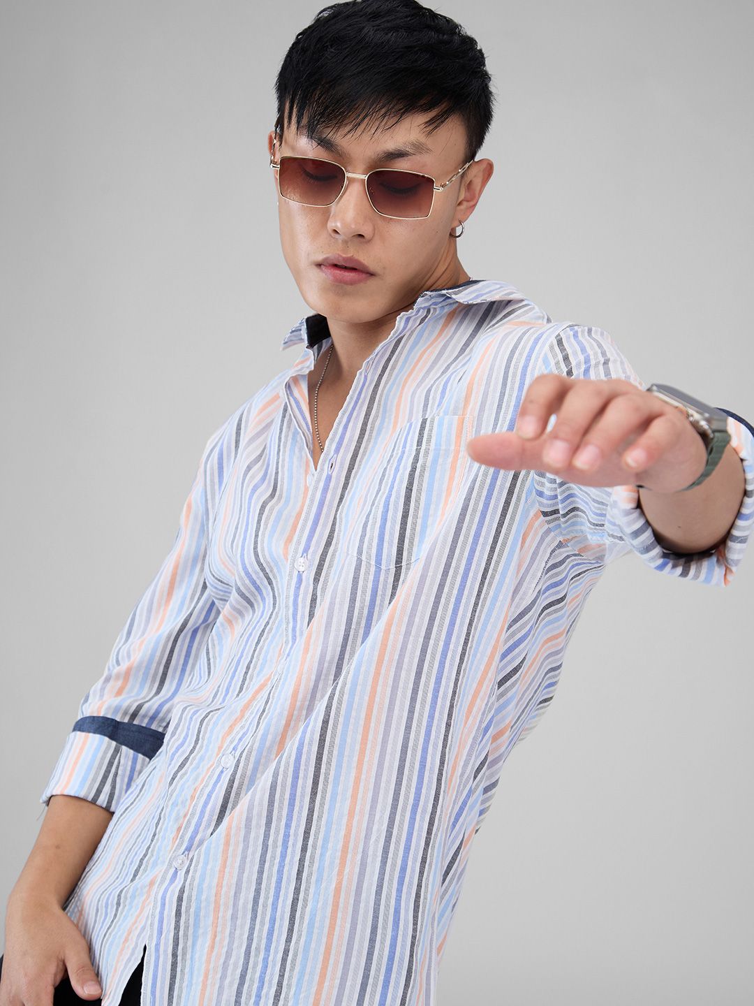 VASTRADO Men Classic Cutaway Collar Vertical Striped Cotton Slim Fit Casual Shirt