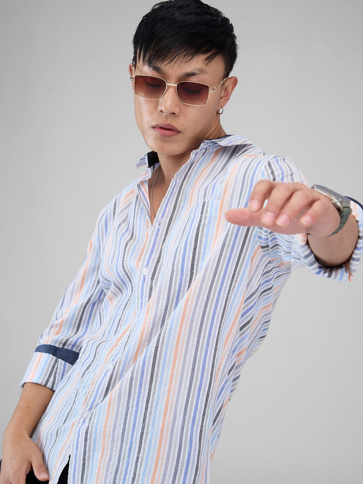 VASTRADO Men Classic Cutaway Collar Vertical Striped Cotton Slim Fit Casual Shirt